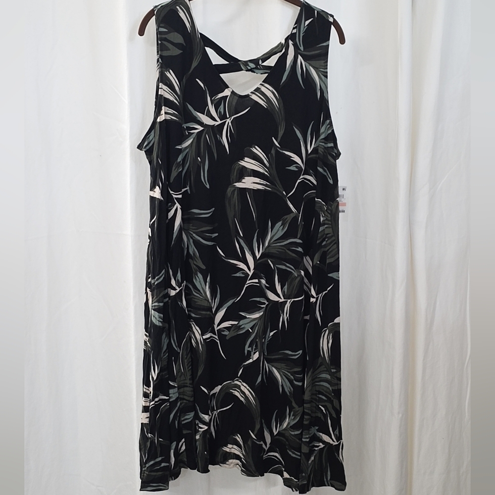 Style Co 2X Black Olive Green Tropical Palm Sleeveless Strappy Midi Knee Dress